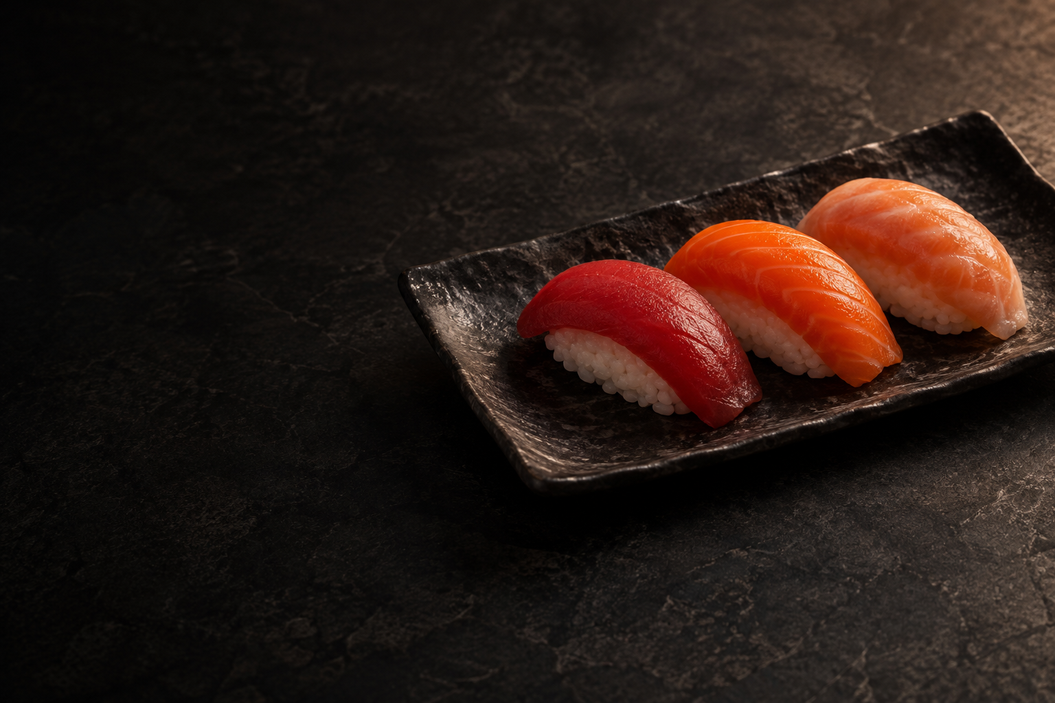 Composición ilustrativa de nigiri sobre cerámica japonesa oscura